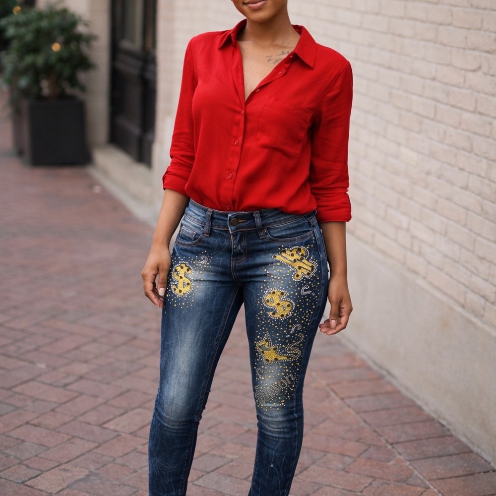 Y2K Low Rise Skinny Jeans Gold Rhinestone Embellished Denim